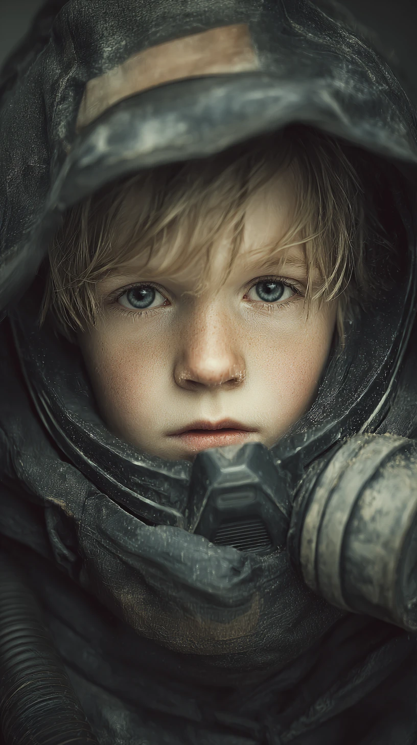 Cinematic portrait of a lone boy in survival gear