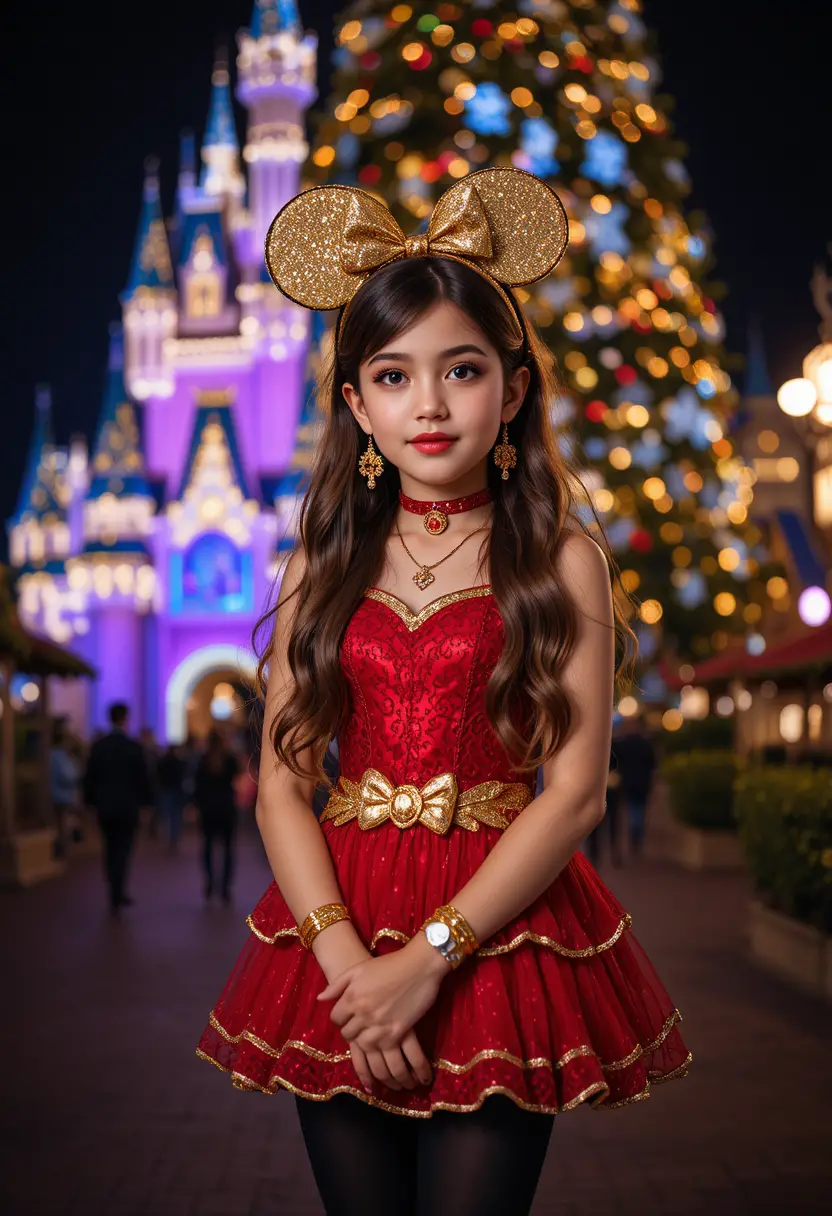 Shy tween in red dress by Disneyland Christmas tree