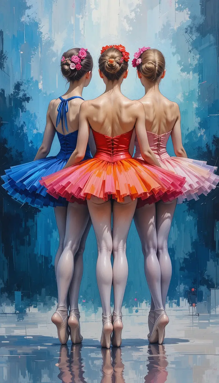 Three ballerinas in colorful tutus standing en pointe