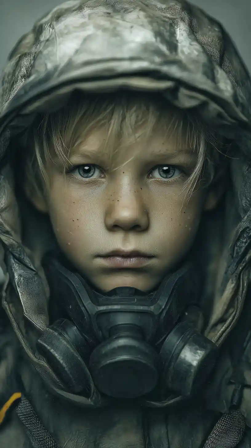 Cinematic portrait of last surviving boy in respirator