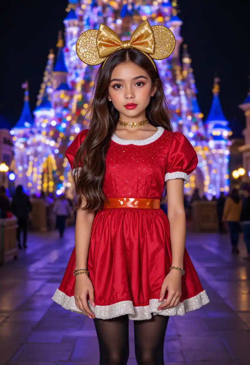 Shy tween in red dress by Disneyland Christmas tree at night