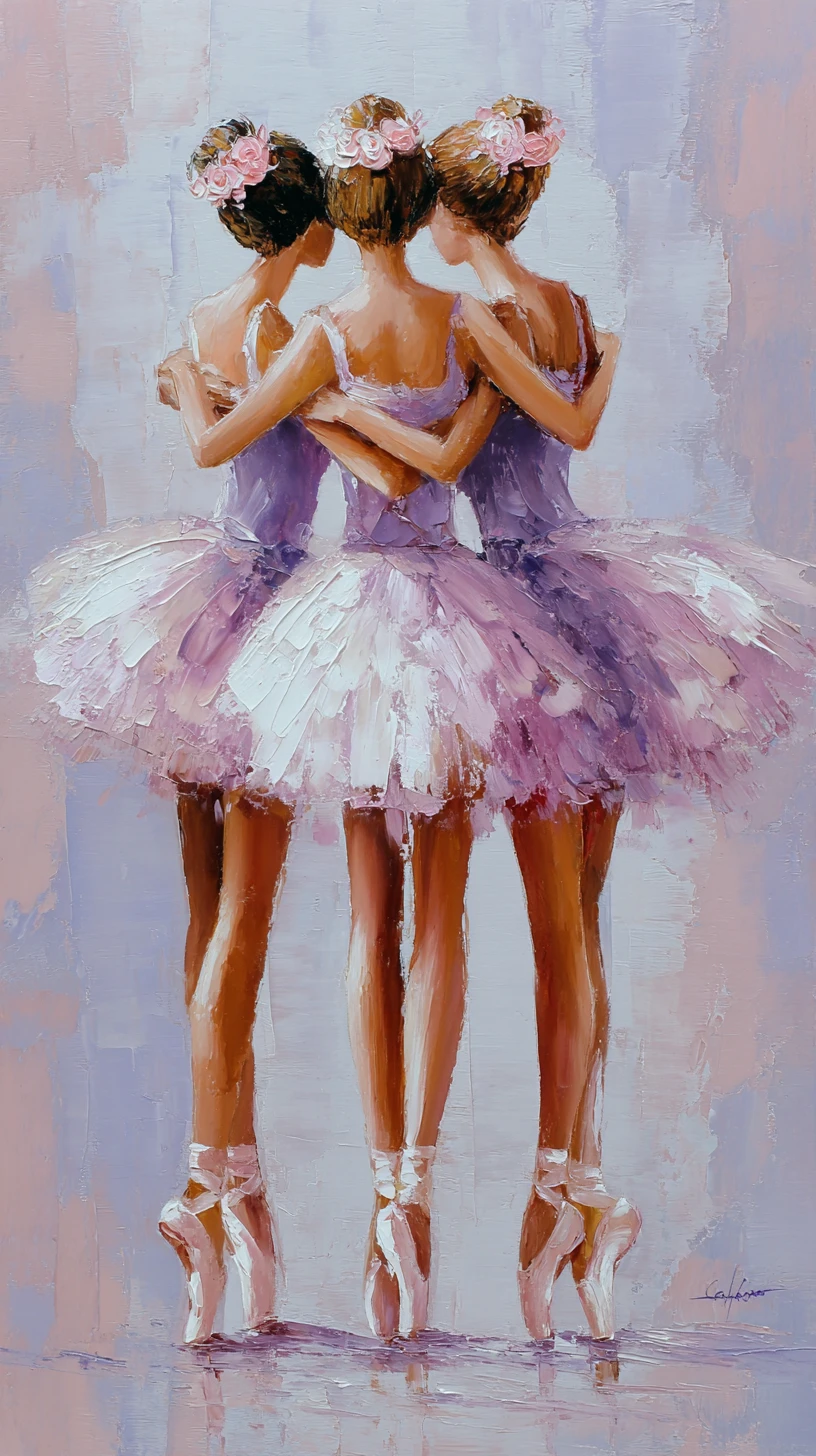 Three ballerinas in pastel tutus embracing on pointe