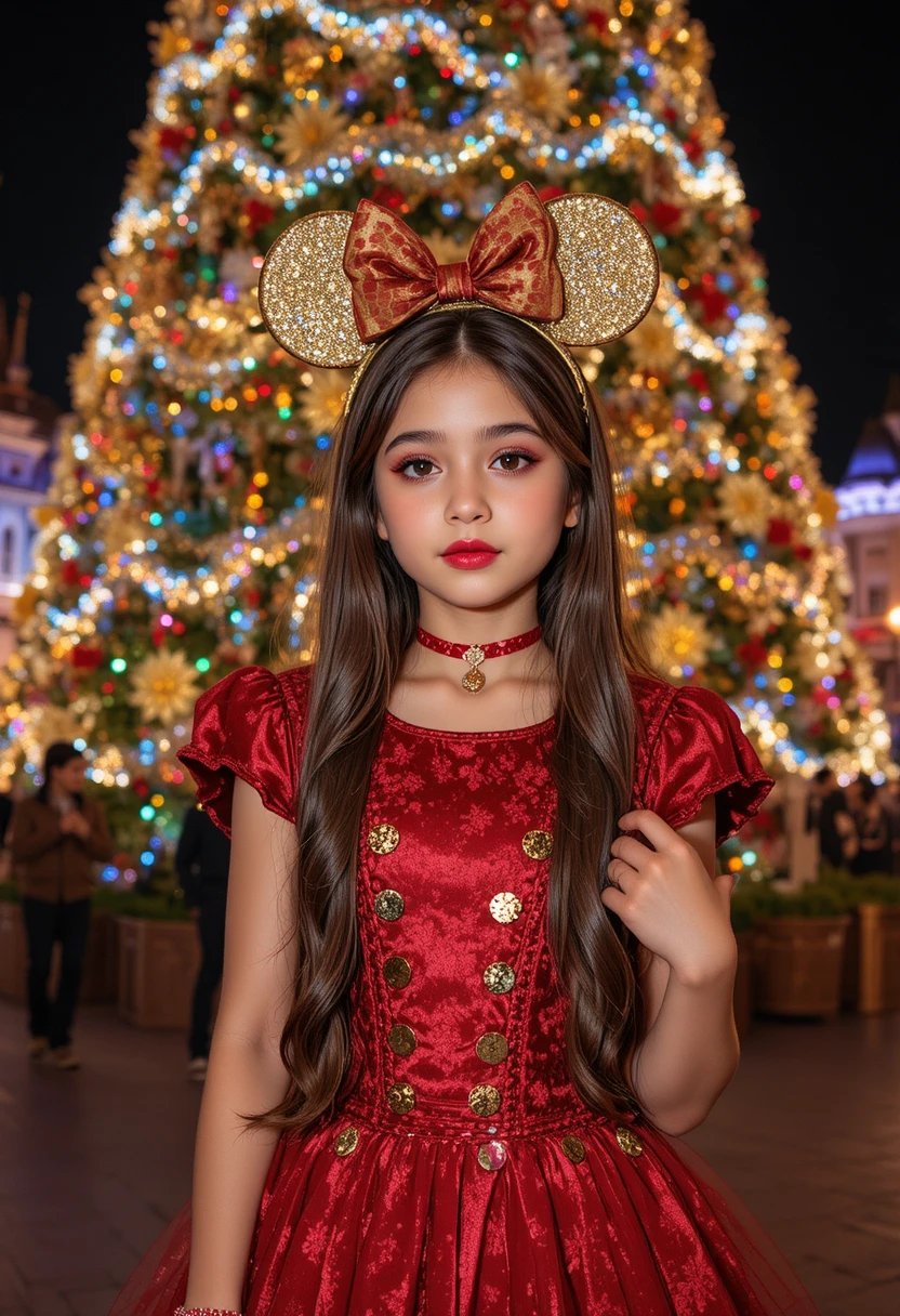 Schüchterner Tween im roten Kleid vor dem Disneyland-Weihnachtsbaum