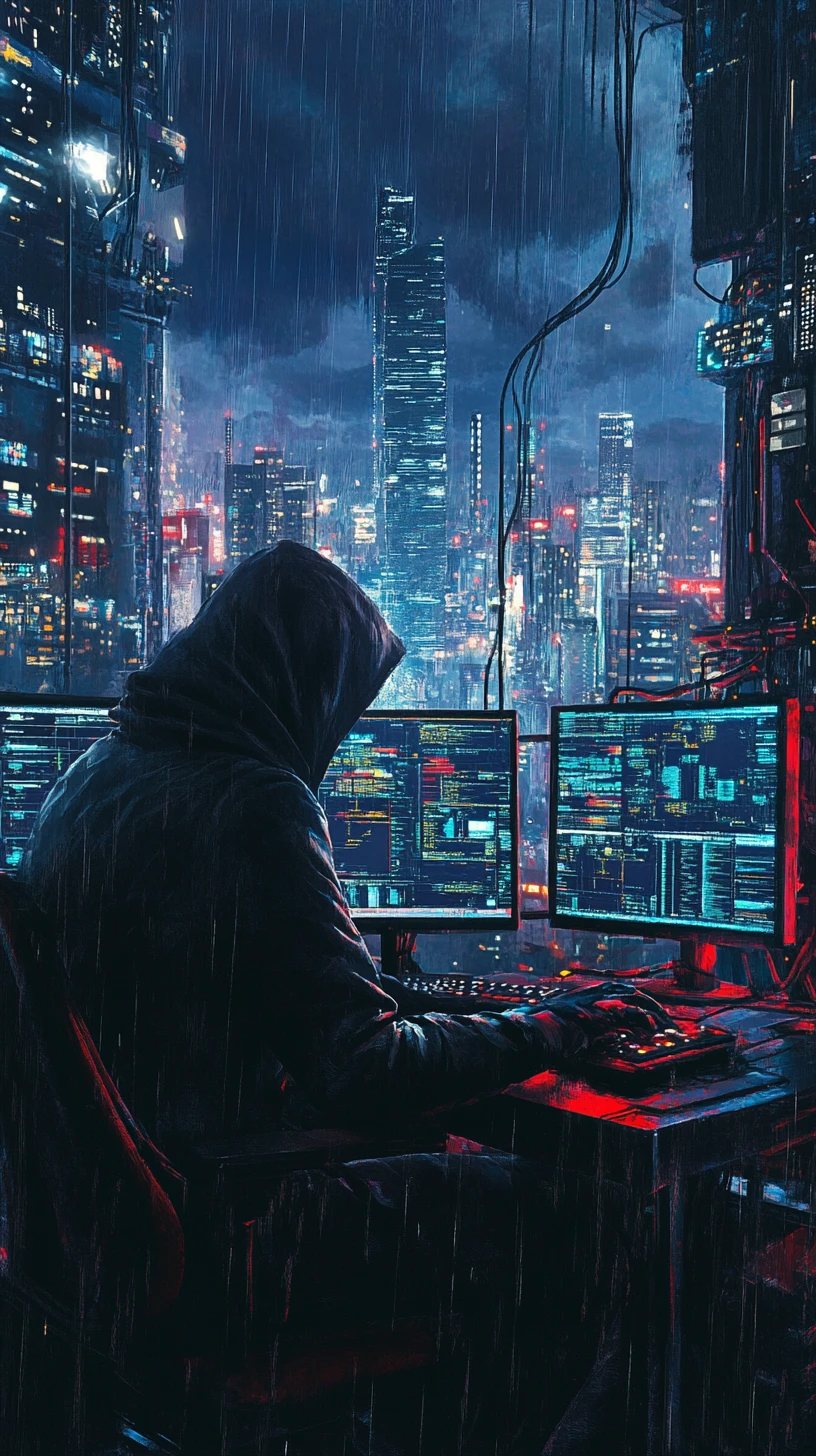 Hacker incappucciato in una sala di controllo cyberpunk illuminata al neon