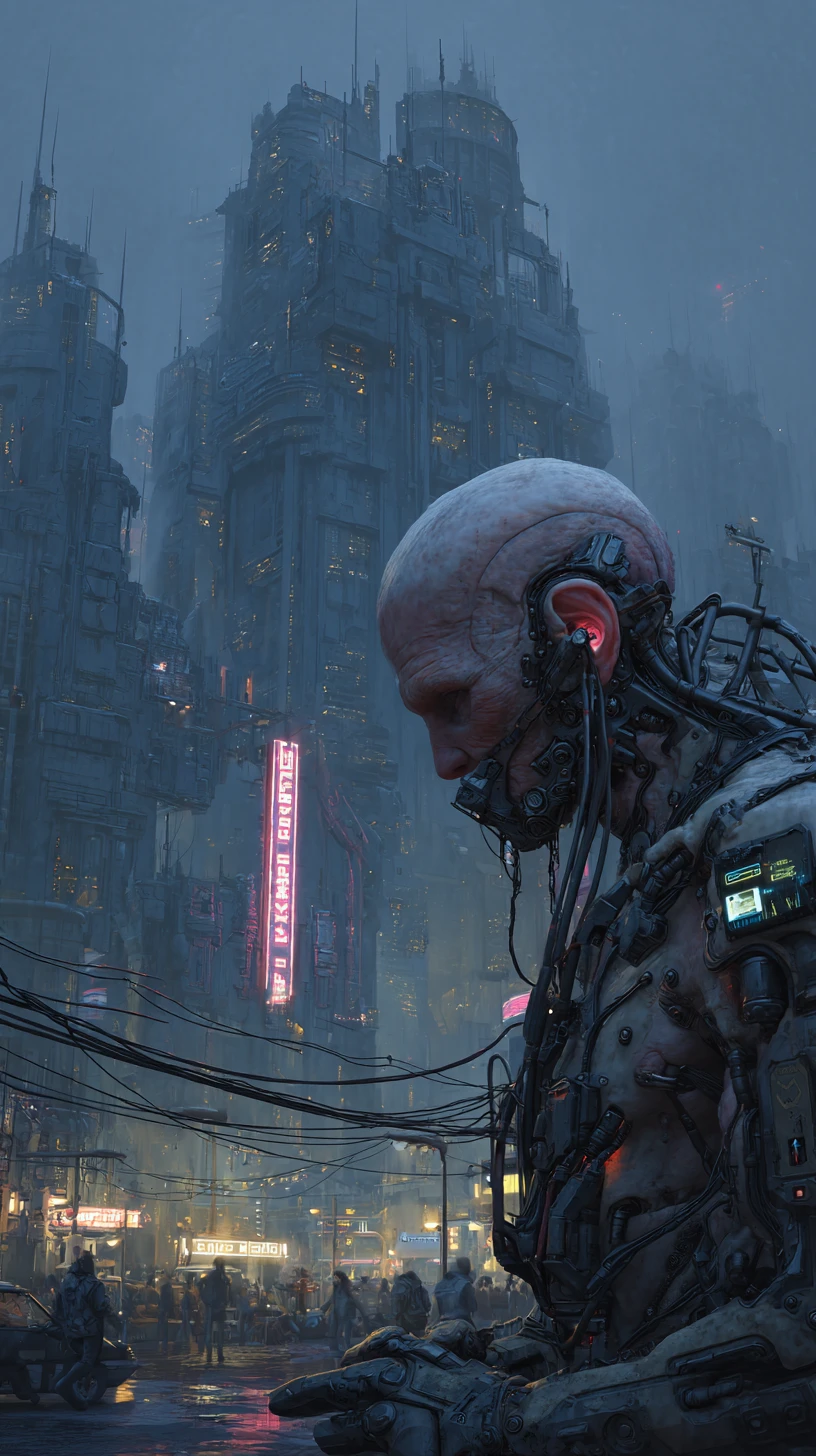 Menacing humanoid cyborg in dark futuristic cyberpunk armor