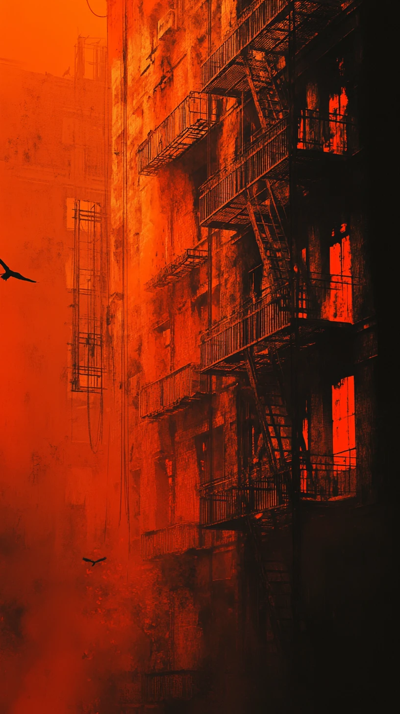 Ominous orange fog around a decaying apartment facade