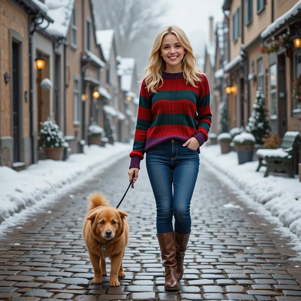 Smiling blonde teen walking a small dog in snow