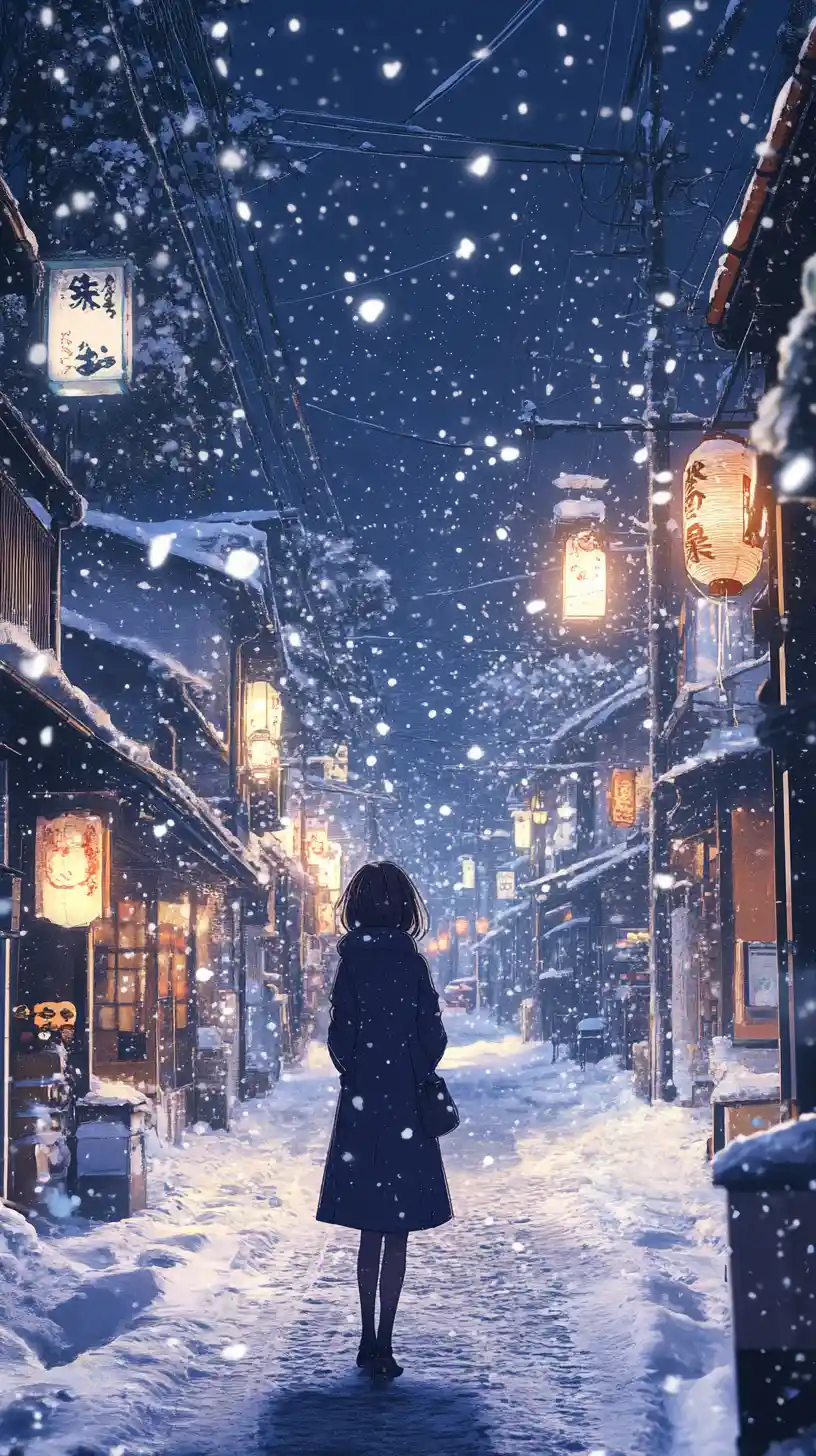 Lonely woman on a snowy Japanese street at night