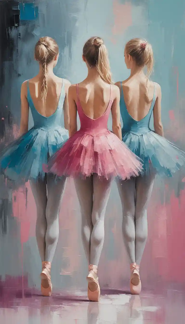 Impressionist painting of three ballerinas standing en pointe