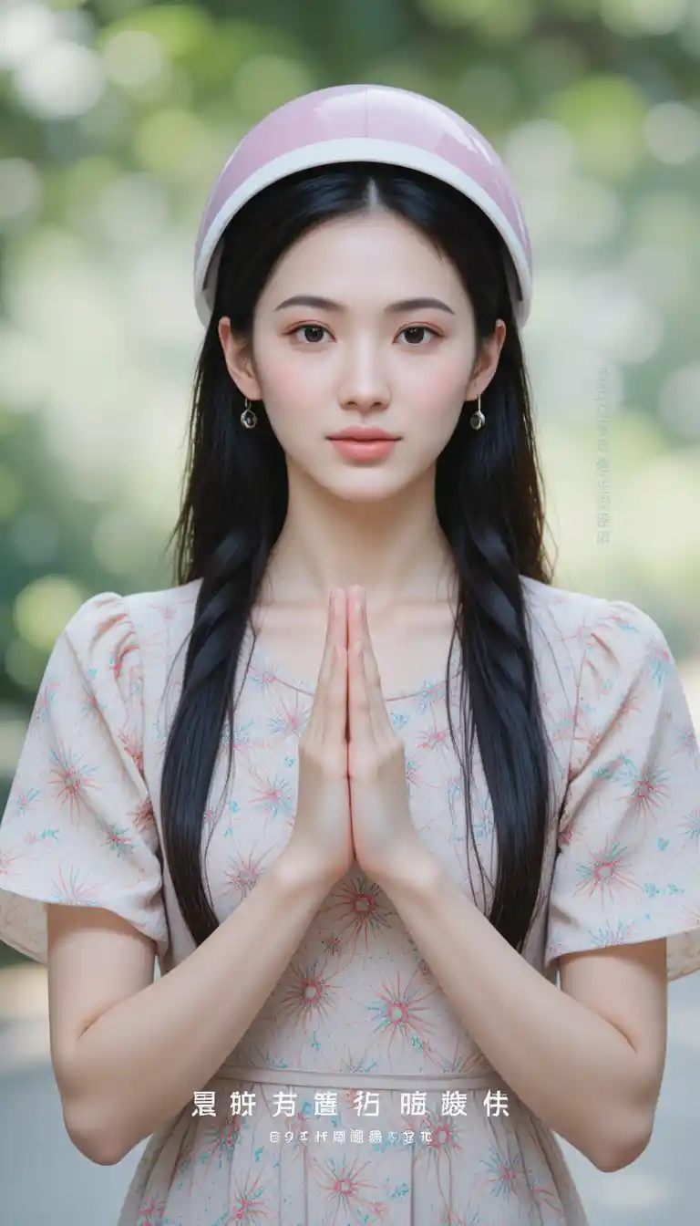 Young woman in helmet with thoughtful prayer like pose outdoors