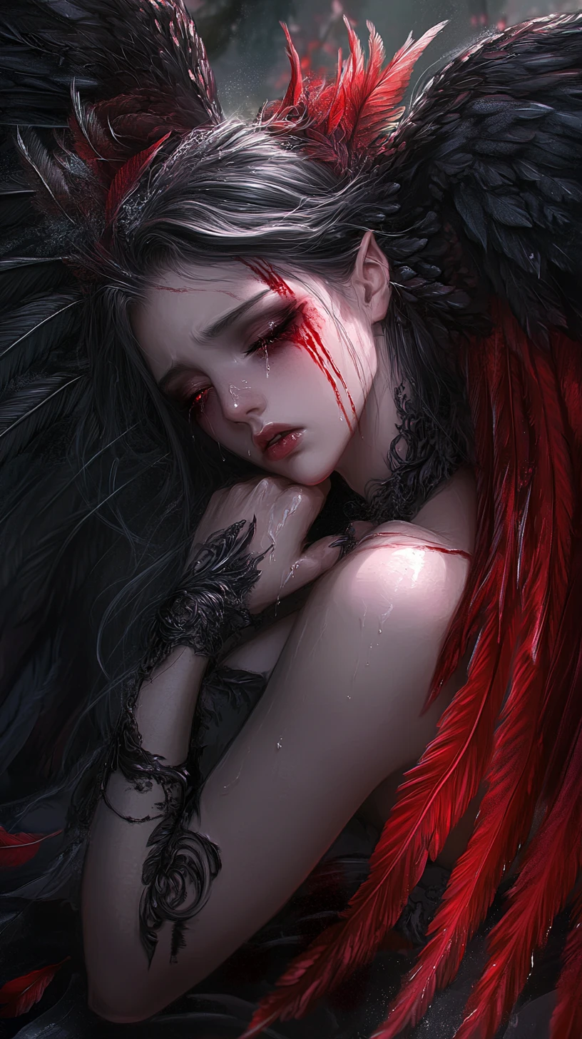 Melancholic fallen angel with dark wings in dramatic light