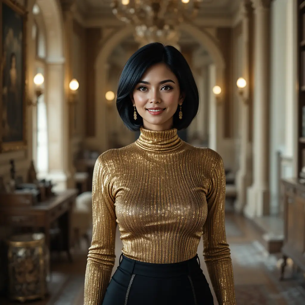 Elegant middle aged woman posing in a grand mansion