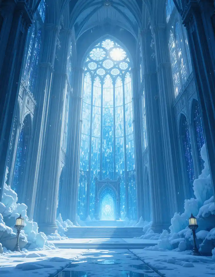 Anime-Eiskathedrale mit leuchtenden Glasfenstern im Inneren