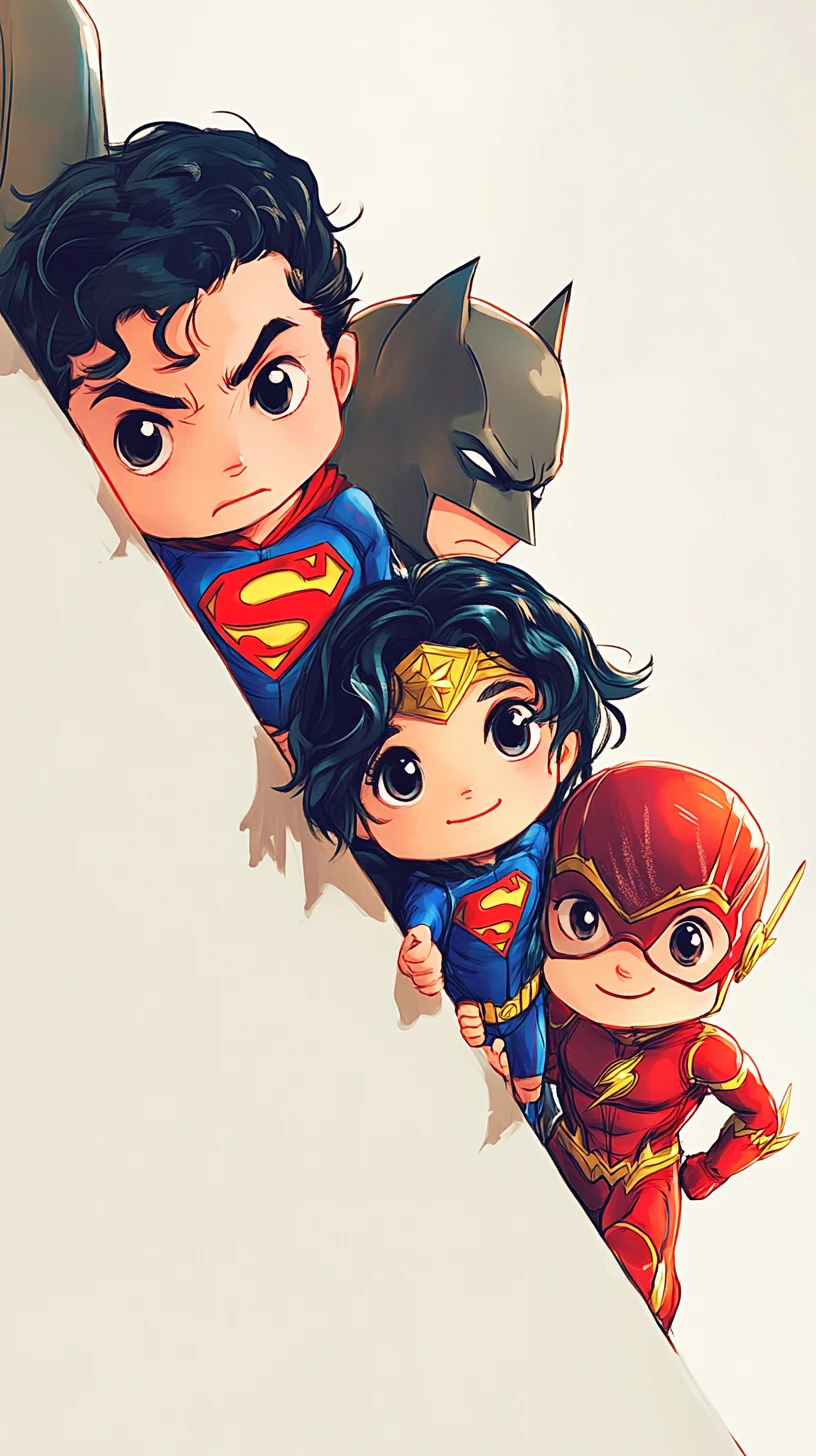 Chibi superheroes peeking playfully from behind a white wall