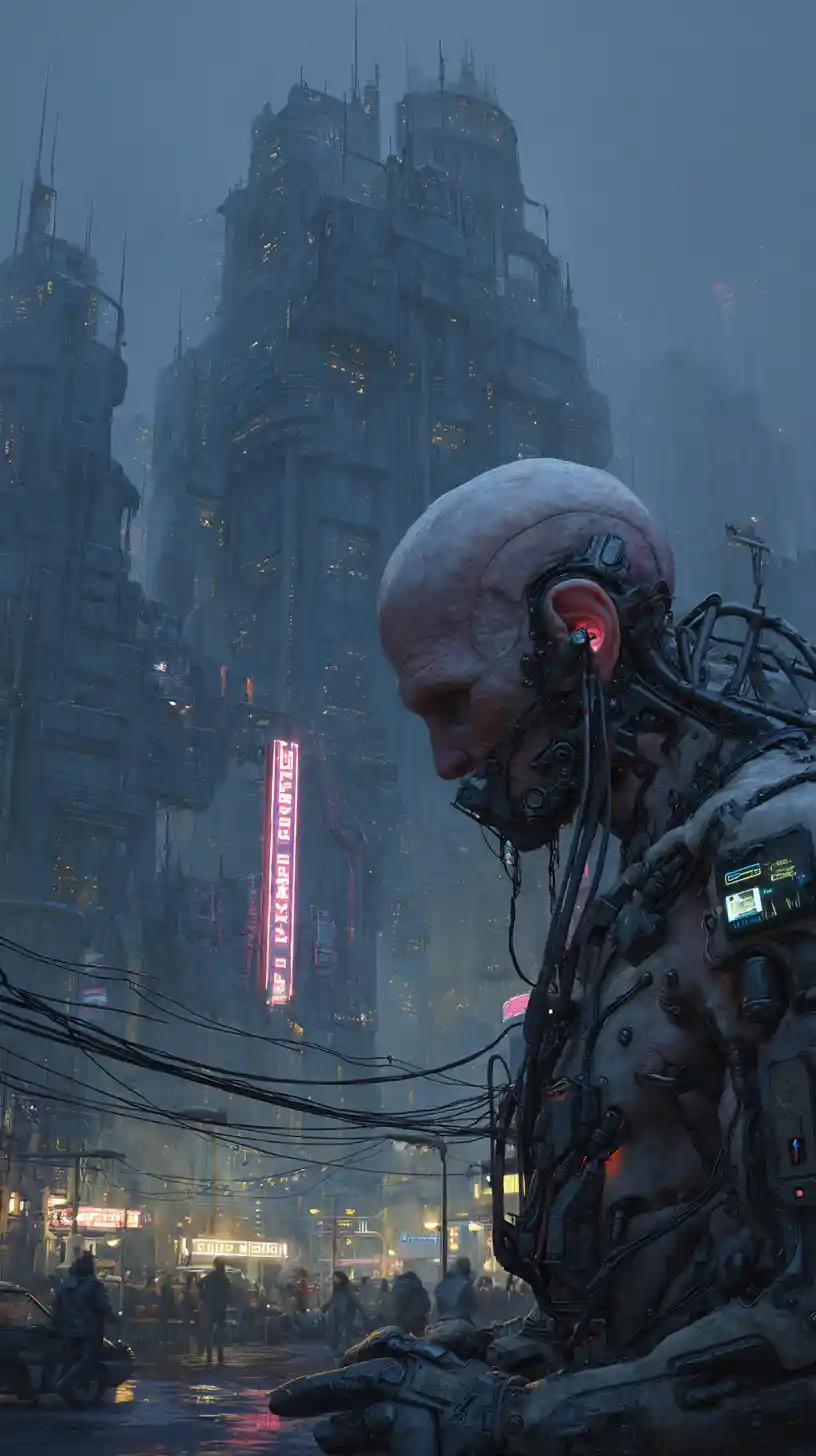 Menacing humanoid cyborg in dark futuristic cyberpunk armor