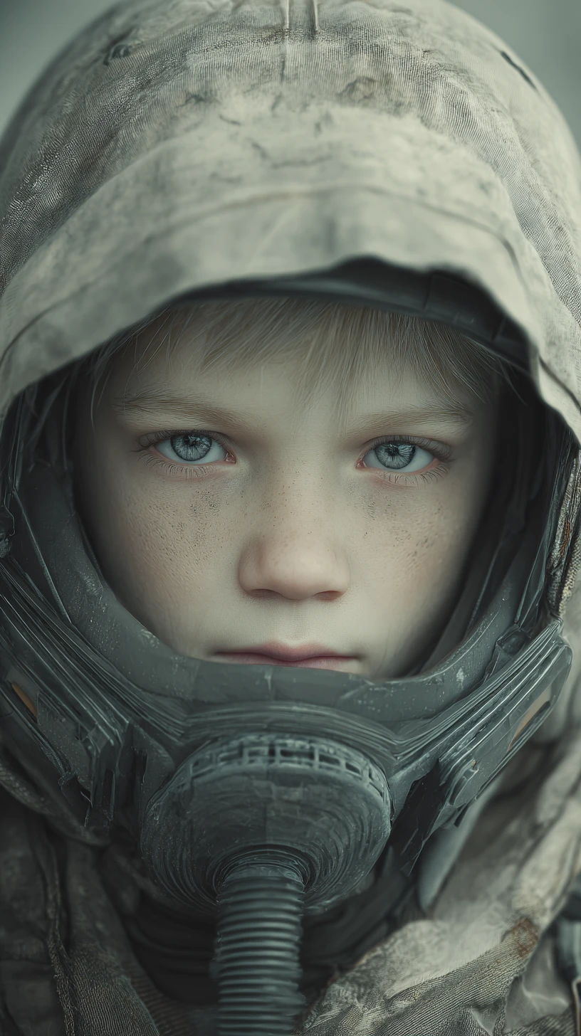 Cinematic close up portrait of a fearful boy survivor