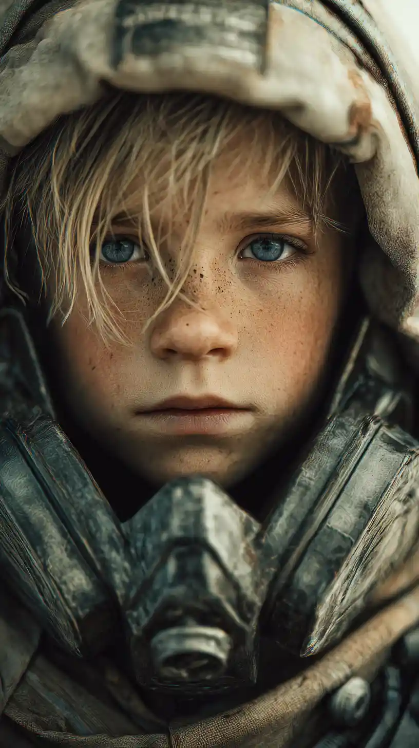 Cinematic close up of a young boy in survival gear