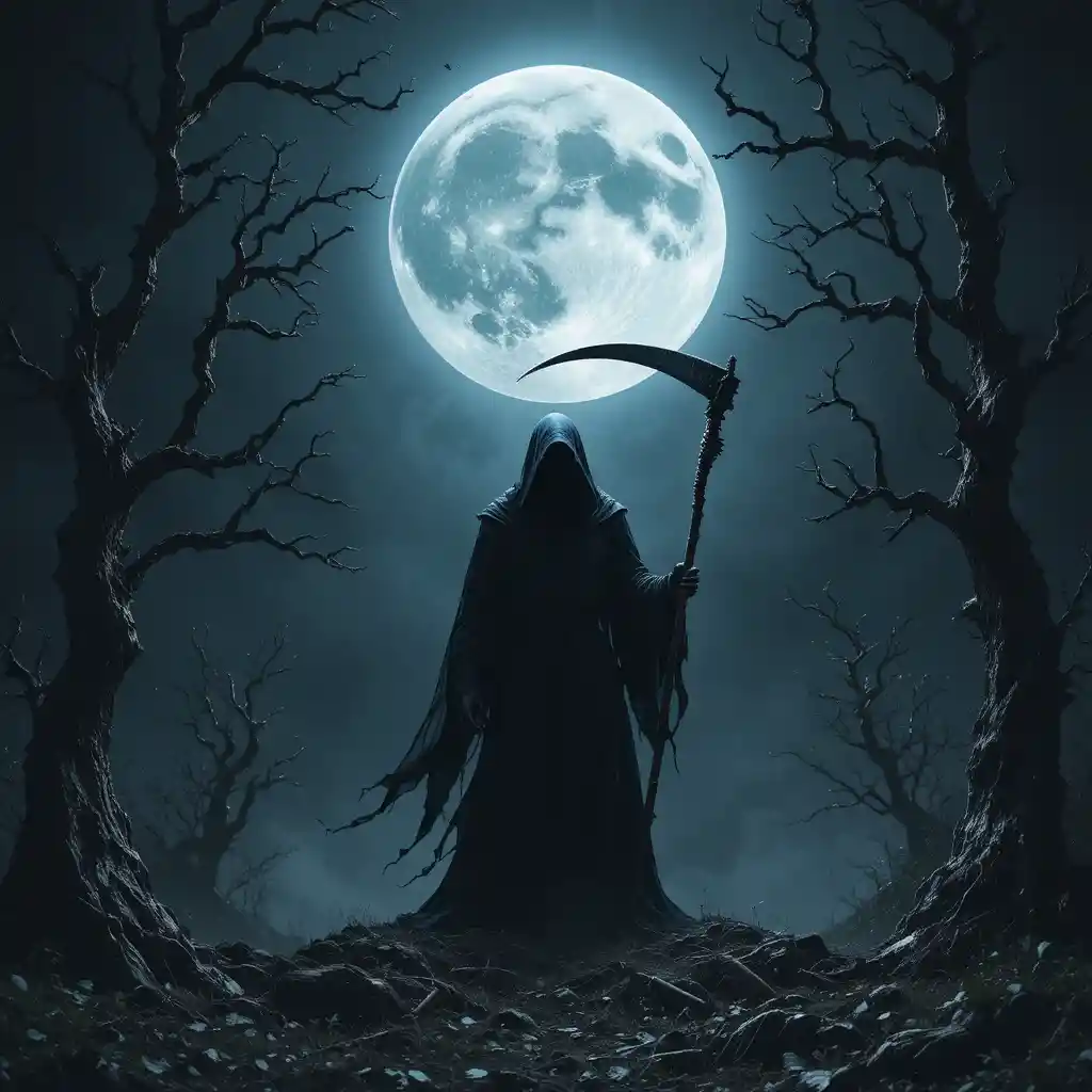 滿月下扭曲森林中的死神