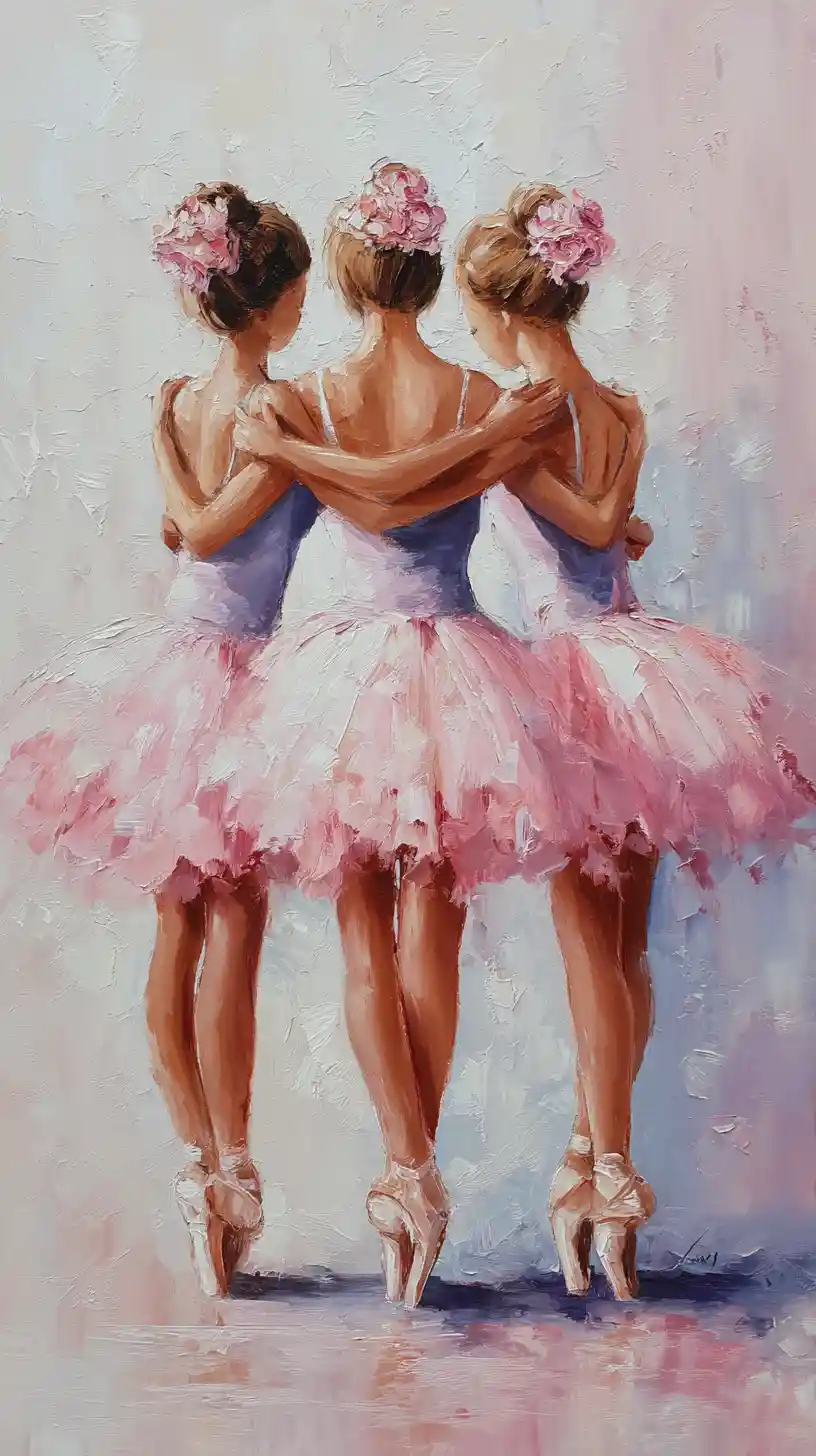 Three ballerinas in pastel tutus standing en pointe together