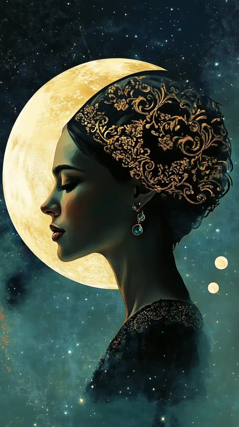 Surreal art deco woman before a golden crescent moon