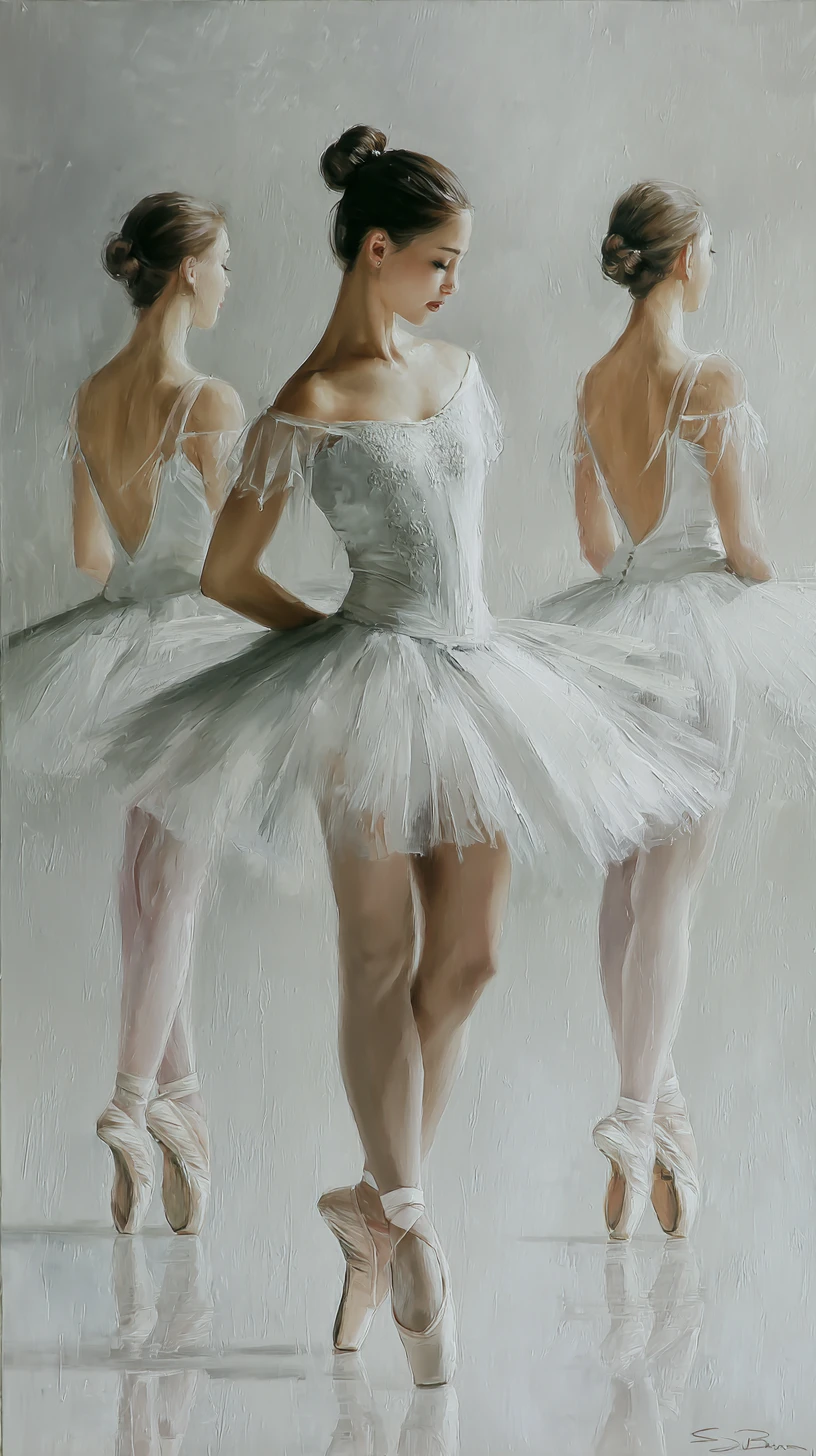 Hyperreal oil painting of three ballerinas in dance studio
