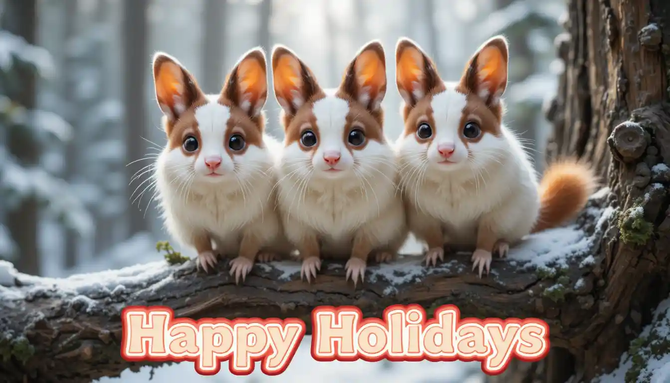 Three small furry animals on a snowy forest branch