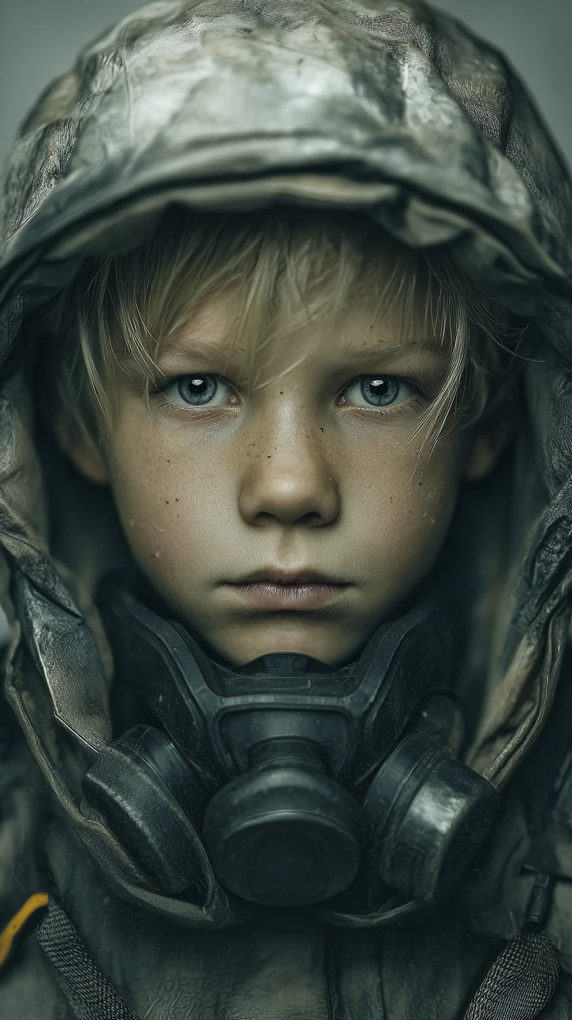 Cinematic portrait of last surviving boy in respirator