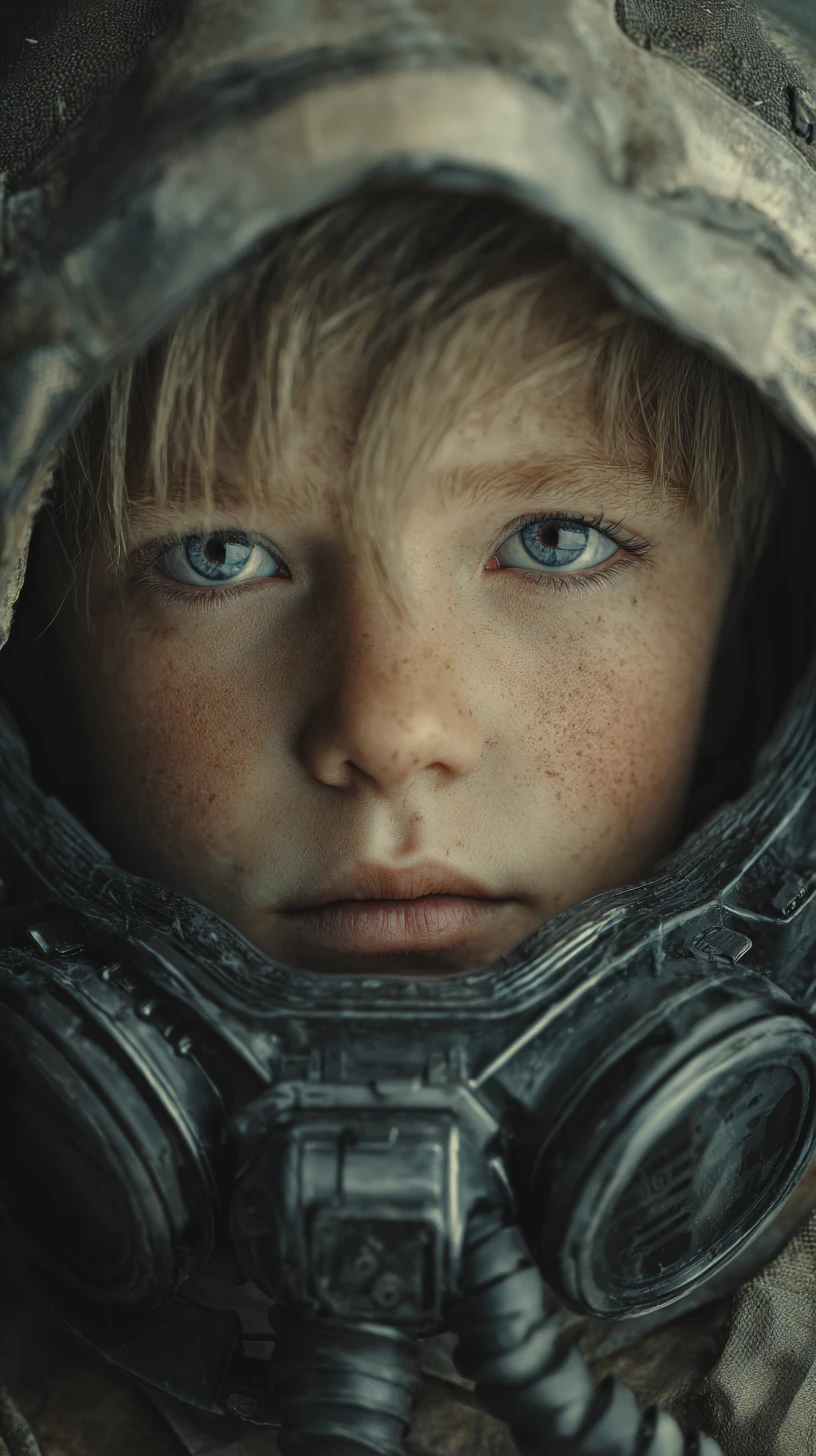 Young boy in survival gear against a soft cinematic background