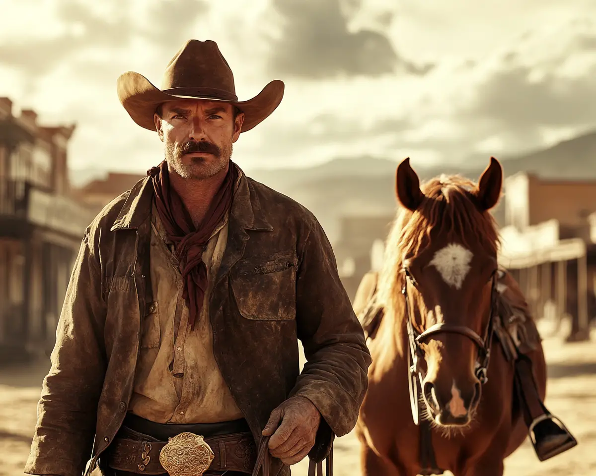 Cowboy With Brown Horse In A Sunlit Western Town