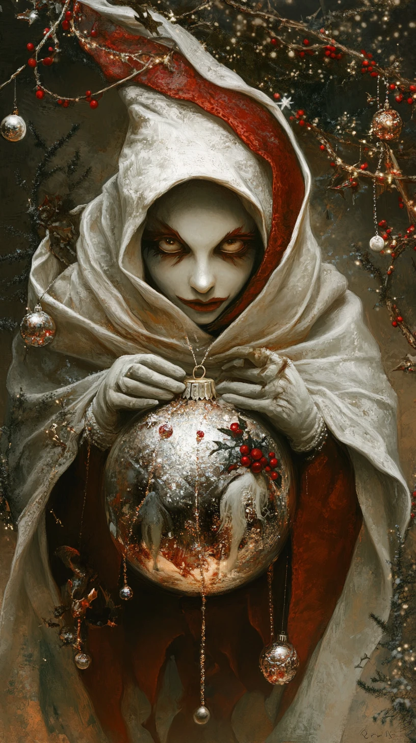 Mimo navideño fusionado con adorno en escena de fantasía oscura