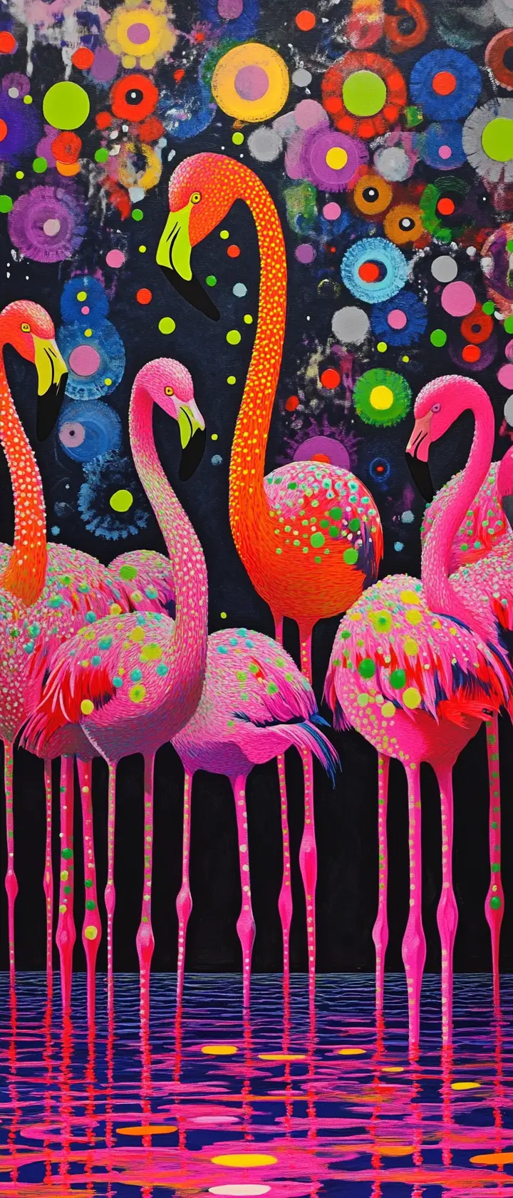 Vibrant flamingos in a polka dot covered pink pond