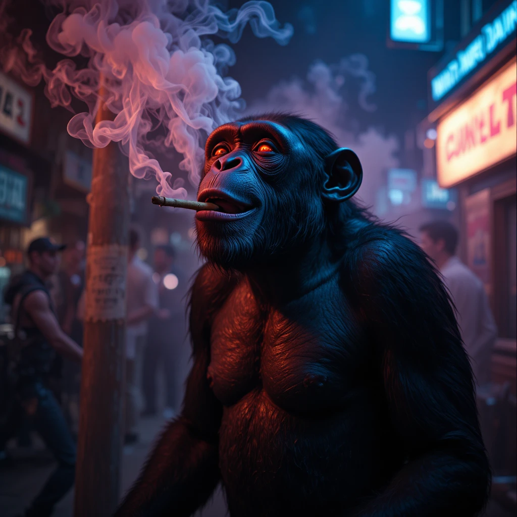 Scimpanzé cinematografico con occhi luminosi che fuma nella foschia al neon