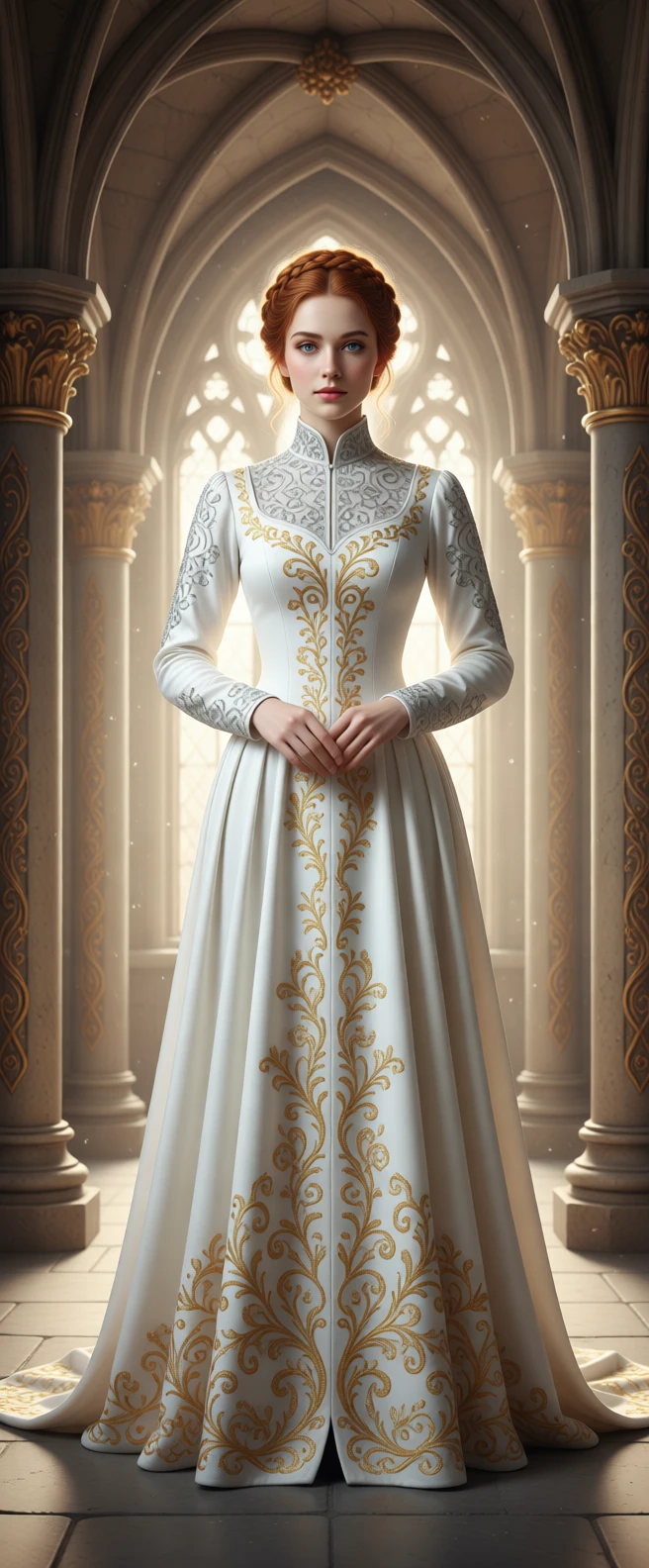 Dame médiévale en robe de velours blanche dans une salle de fantasy gothique