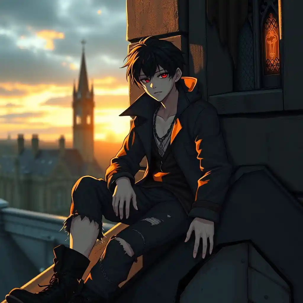 Young male vampire on a gothic church roof at sunset
