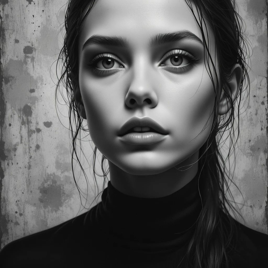 Grayscale close up portrait of a young woman