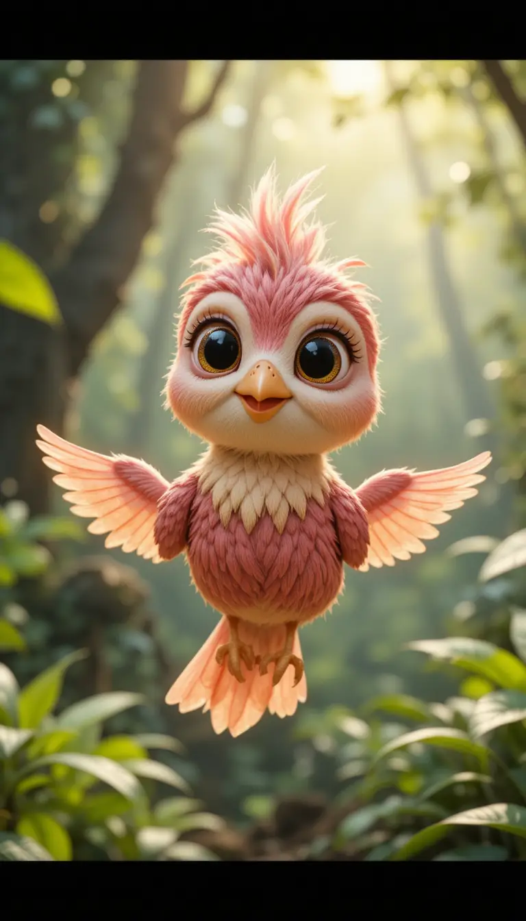 Cute pink cartoon bird flying in a glowing forest