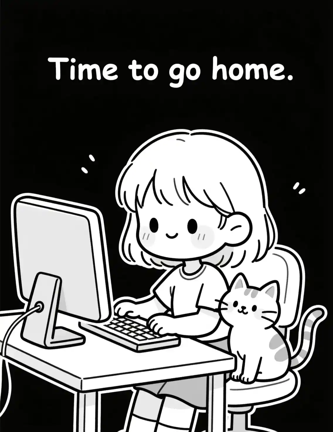 Cute girl at computer with small cat line drawing