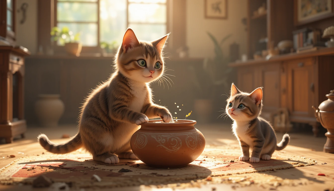 Gata mãe e filhote levando um pote de água para casa
