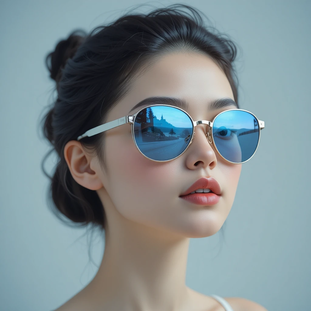 戴著墨鏡、映出夢幻藍色倒影的年輕女子