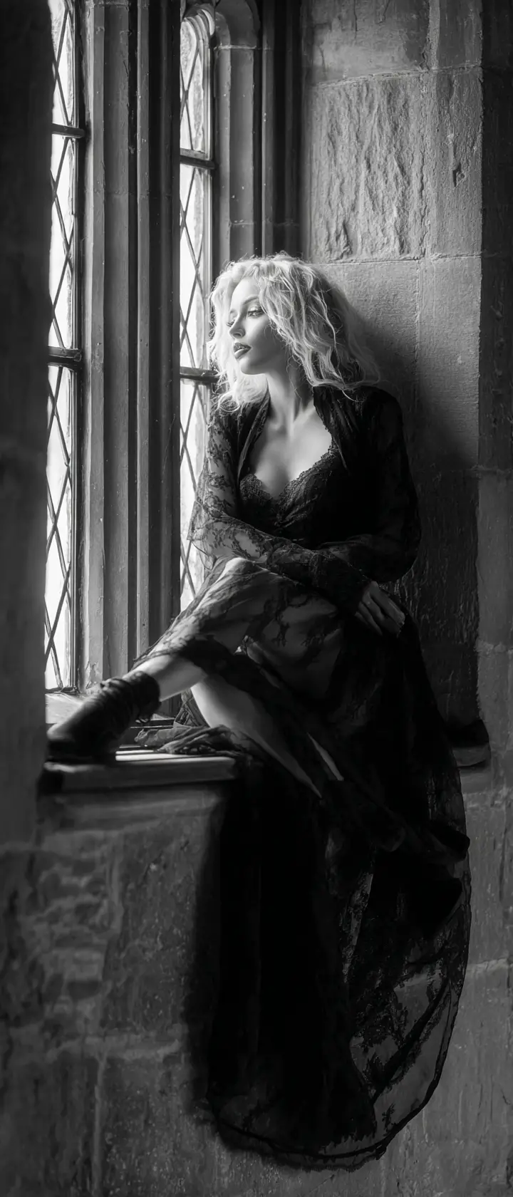 Gothic princess climbing through a moonlit castle window