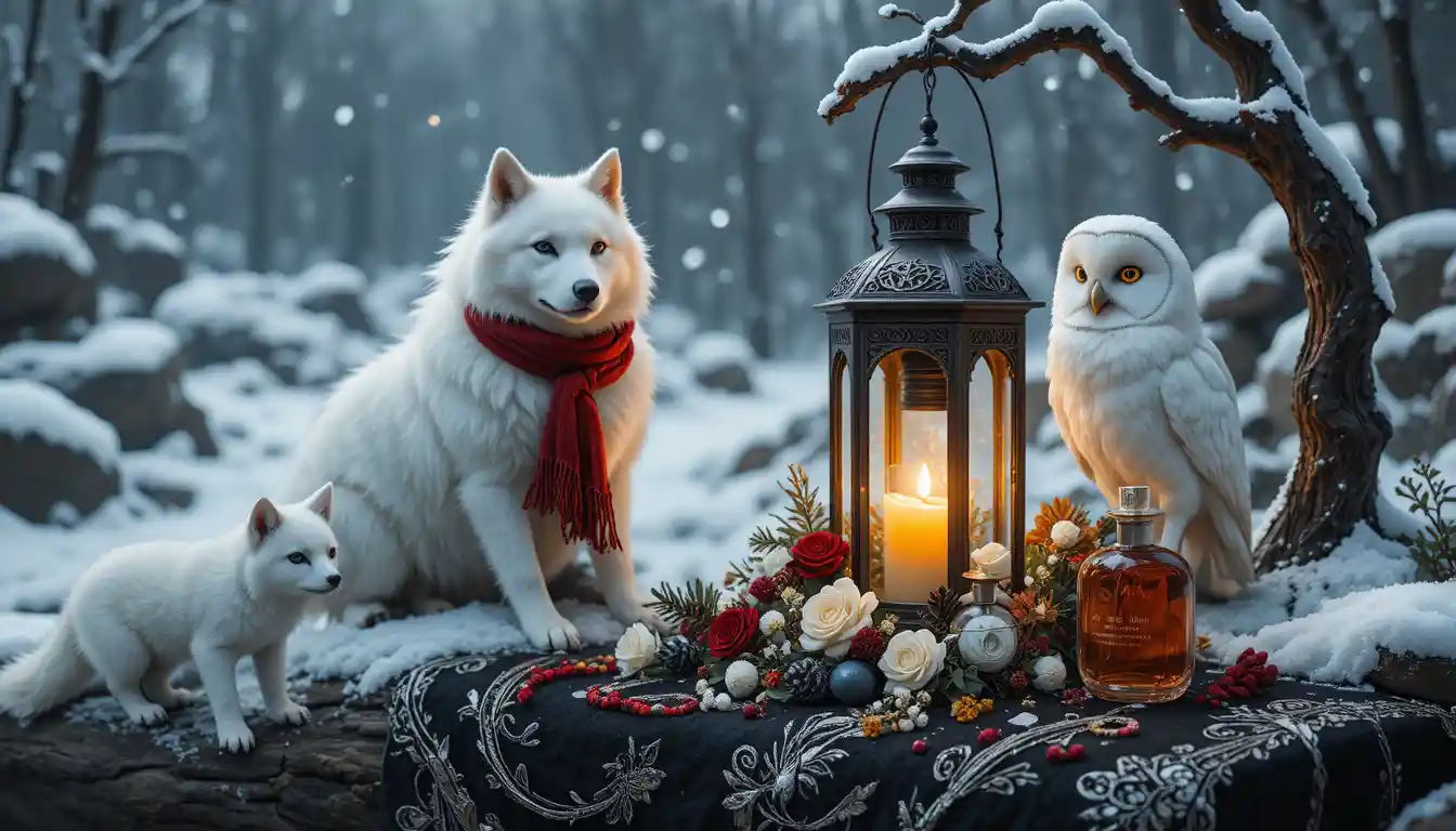 Dogs and arctic animals gathered by a glowing snow lantern