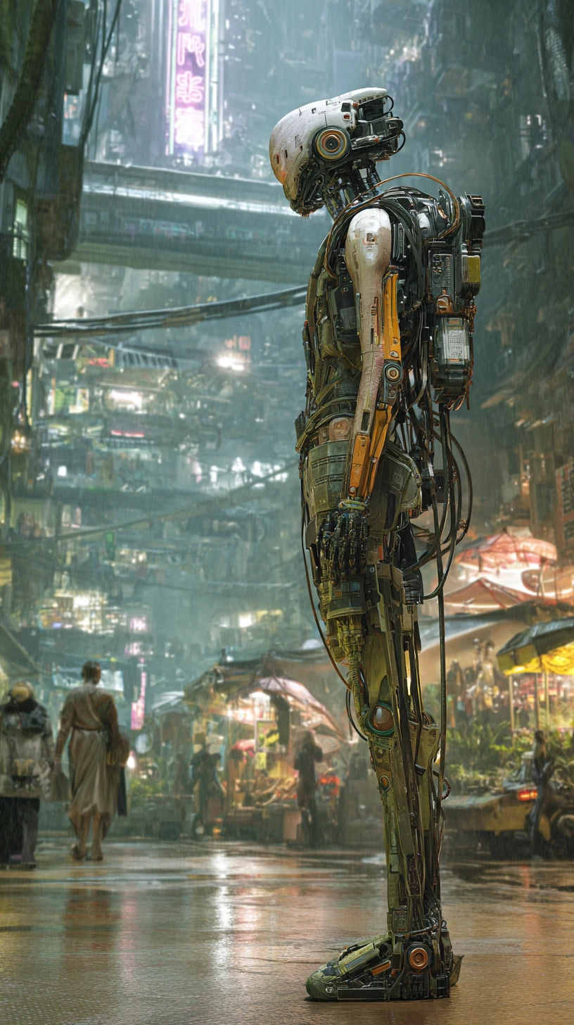 Cyberpunk-Cyborg in schwerer taktischer Rüstung – Ganzkörperansicht