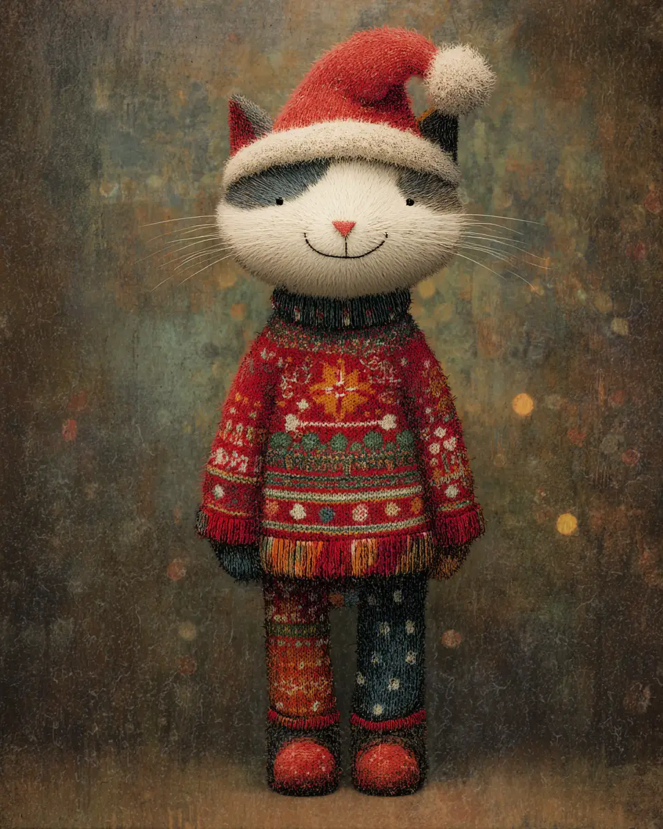 Pirate cat decorating a Christmas tree in cozy bokeh room