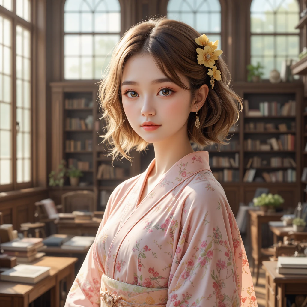 Ragazza anime in kimono rosa in una calda biblioteca