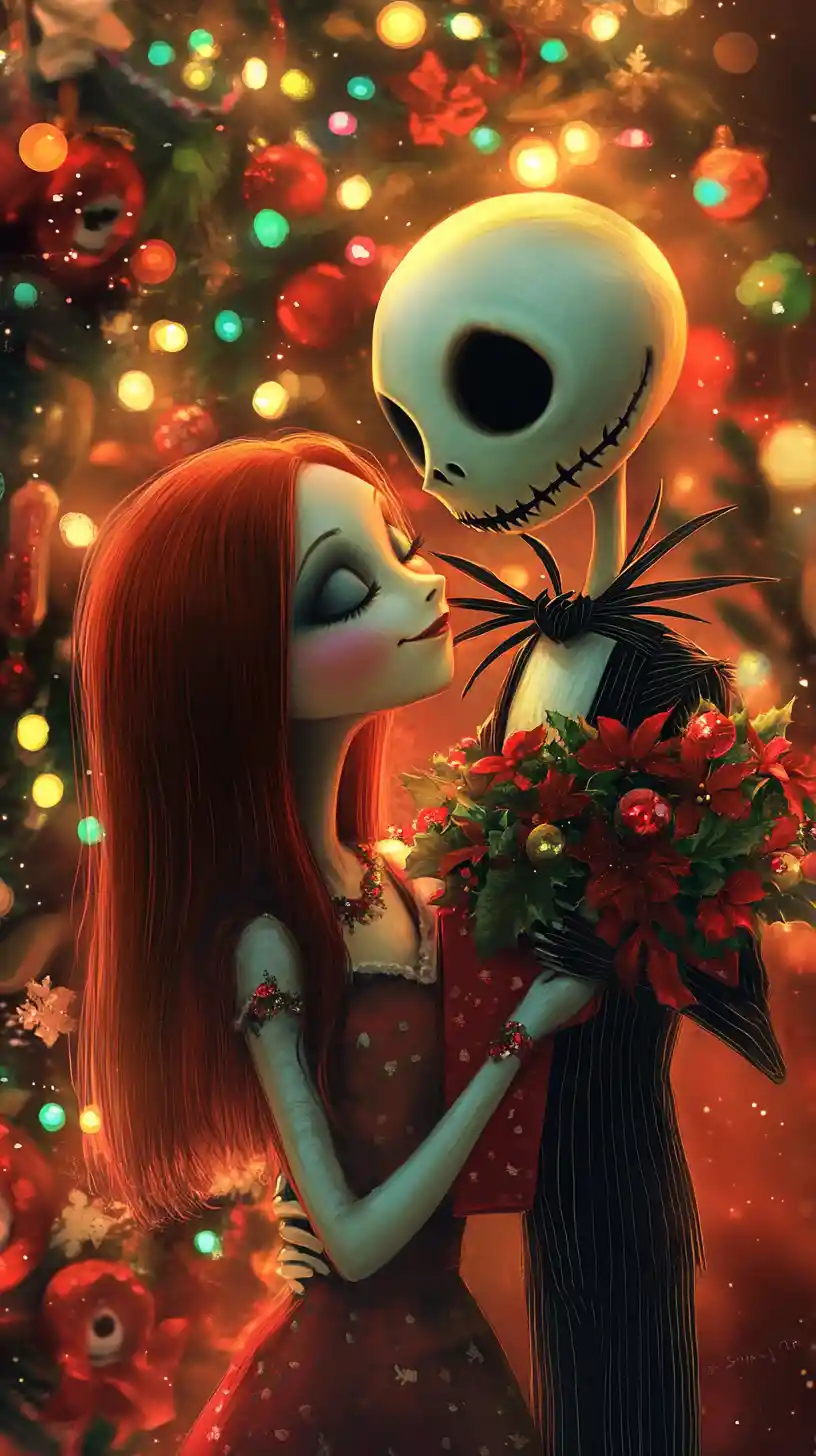 Romantic couple embracing by a glowing Christmas tree
