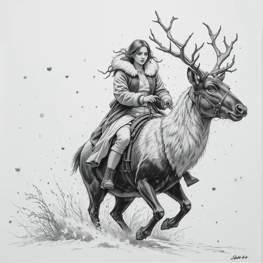 Fille chevauchant un renne magique à travers une violente tempête de neige