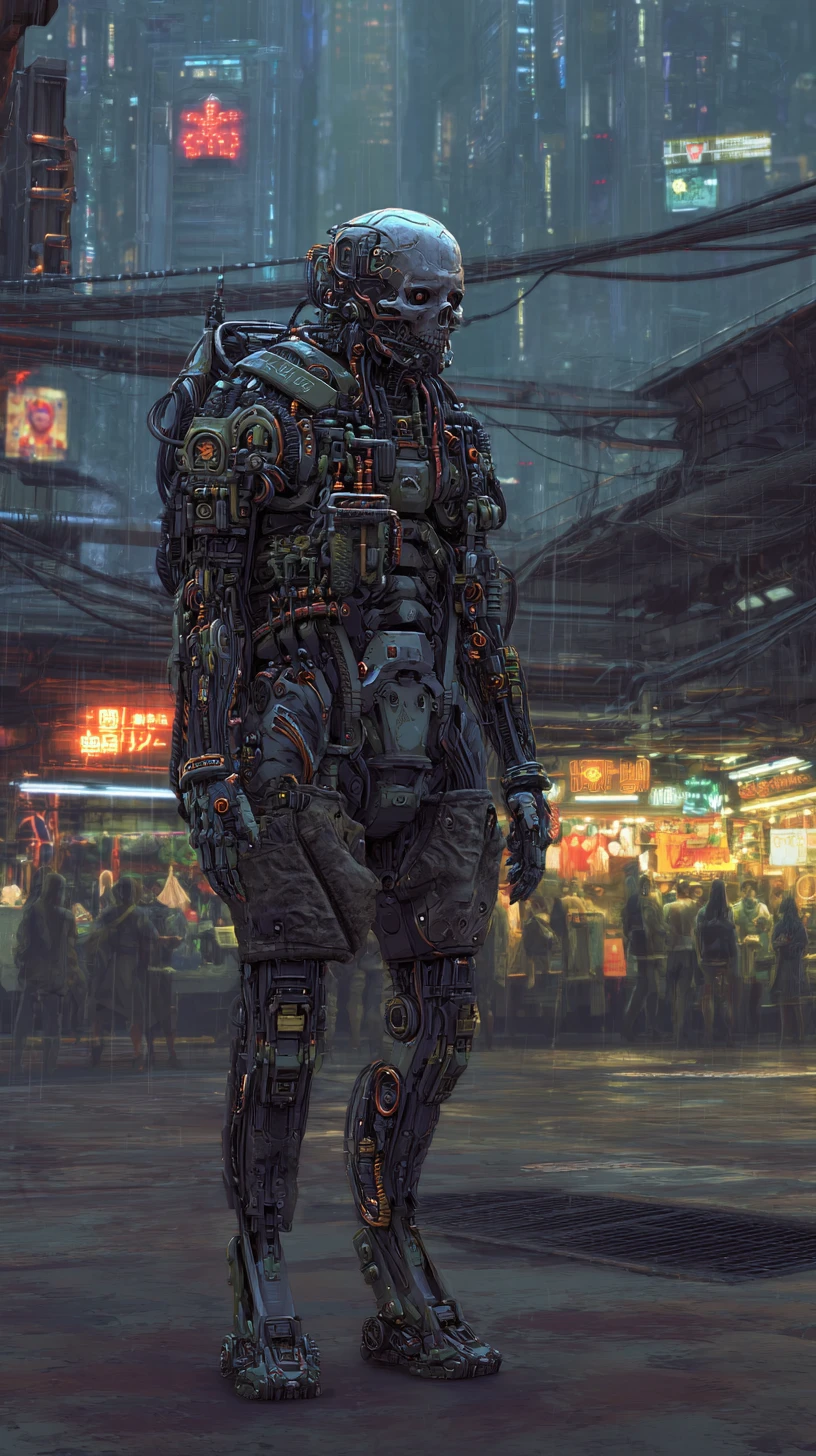Menacing cyberpunk cyborg in heavy tactical armor