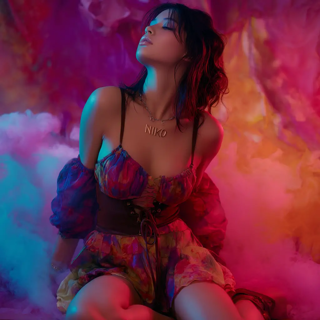 Woman posing in a colorful fashion studio scene