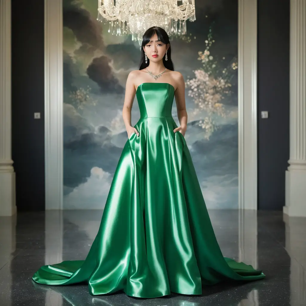 Young woman in bright green satin bridal gown