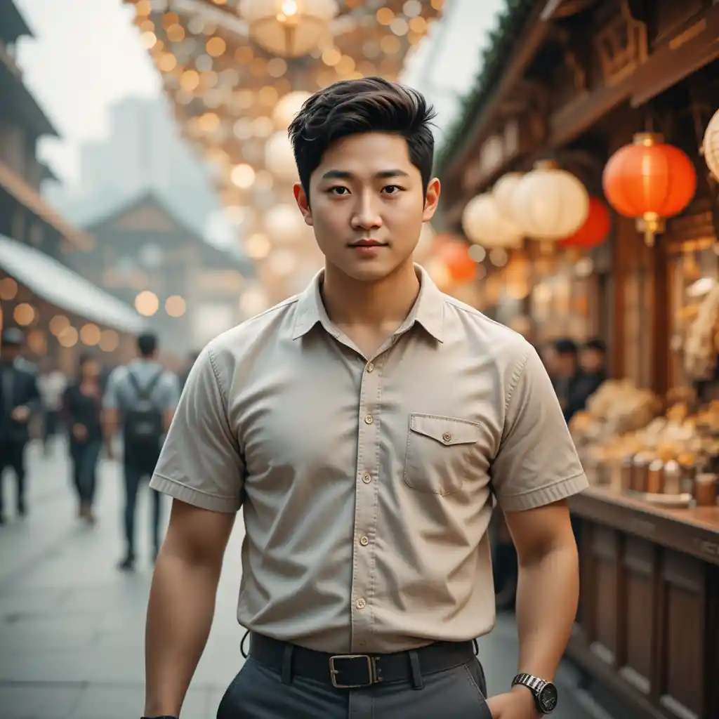 Smiling Asian man at a lively outdoor holiday market
